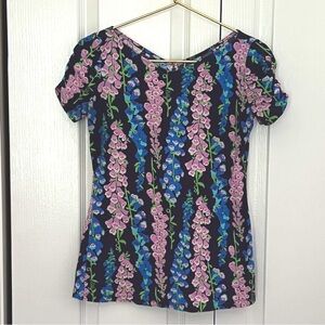 Lilly Pulitzer Ruched Cap Sleeve Tee Bright Navy Foxy Floral Women's Top Size XS